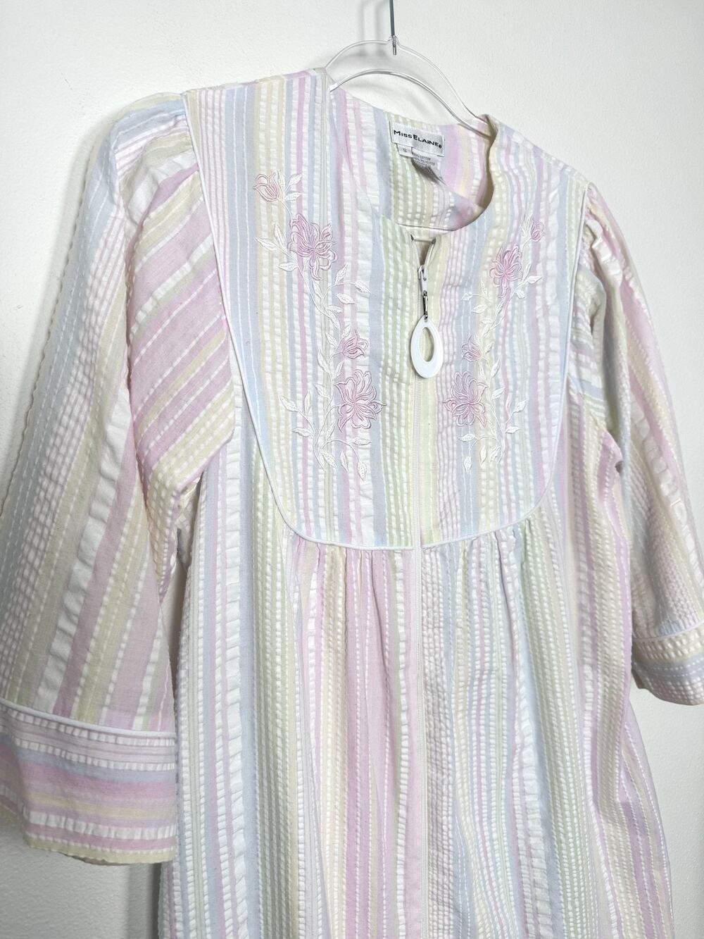 Miss Elaine Robe Womens Small Pastel Stripe Embroidered Zip Kaftan Lounge